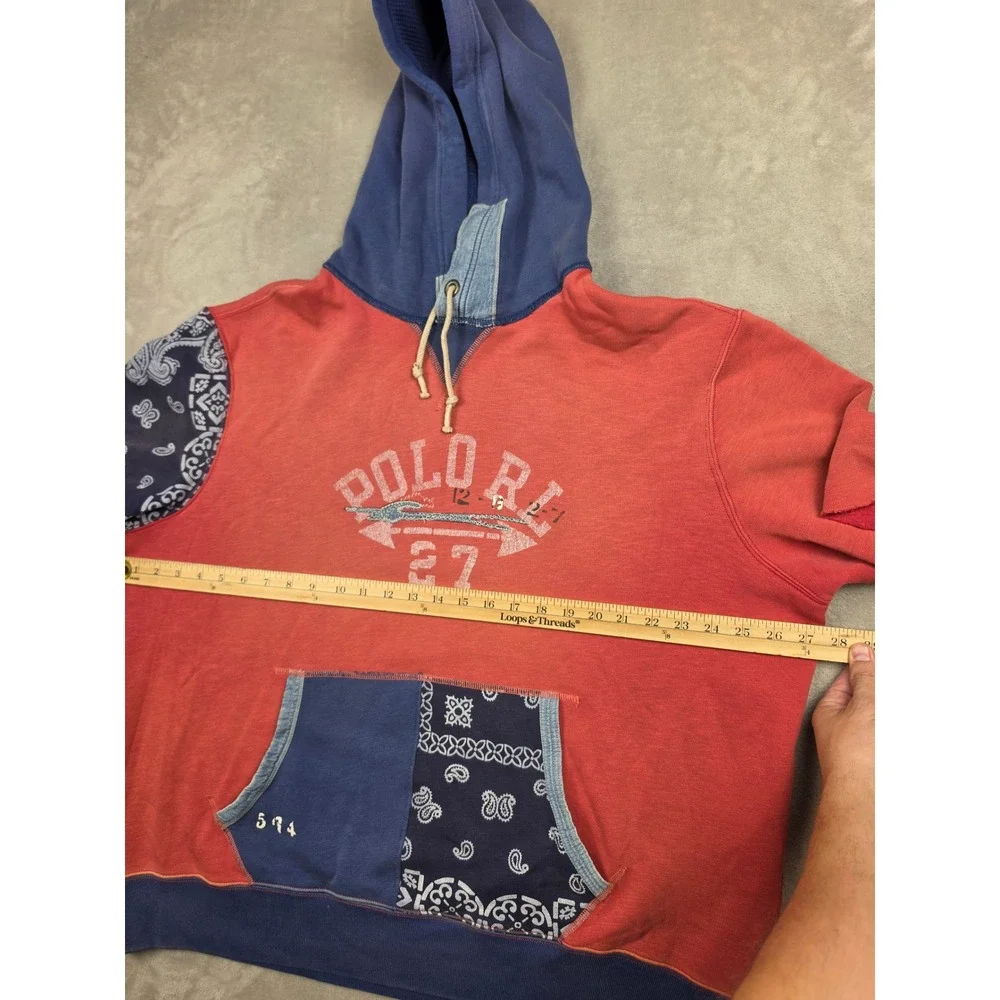 Polo Ralph Lauren Short Sleeve Hoodie Men XL Red Patchwork Bandana Graphic *Read